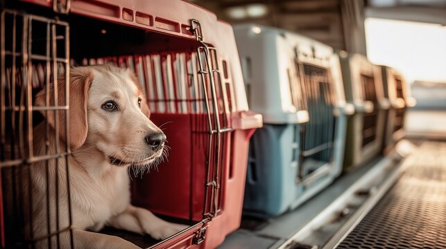 Beagle dog inside red travel crate on aircraft cargo deck Beagle sitting alert inside red pet crate among rows of travel kennels in aircraft. Captures moment of readiness and emotional connection in p