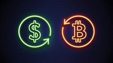 Neon dollar and bitcoin symbols with circular arrows on dark background