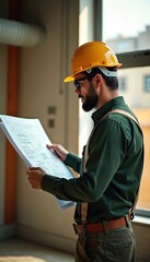 Civil engineer in yellow hard hat examines building blueprint. He wears green shirt, suspenders, safety glasses. Man reviews construction plans indoors. Progress, development, inspection concepts.