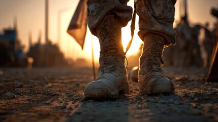 Fototapeta premium Weary soldier s boots stand firm silhouettes against a golden desert sunset embodying strength and resolve on distant