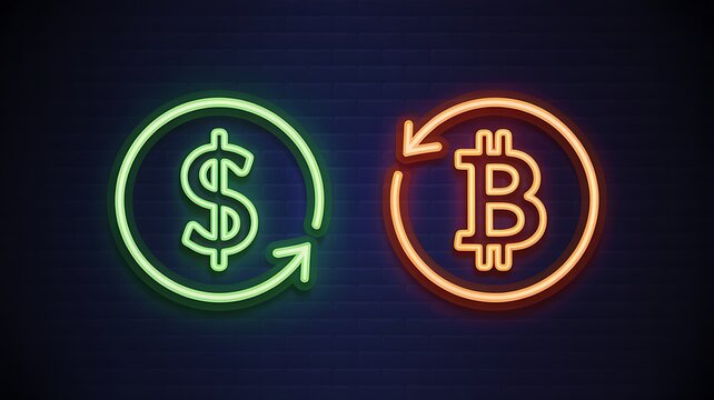 Neon dollar and bitcoin symbols with circular arrows on dark background