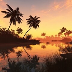 Obraz premium Tropical sunset over a serene river.