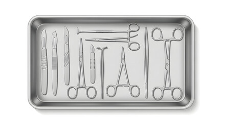 A collection of professional surgical instruments in a sterile metal tray, featuring scalpels, forceps, and scissors.