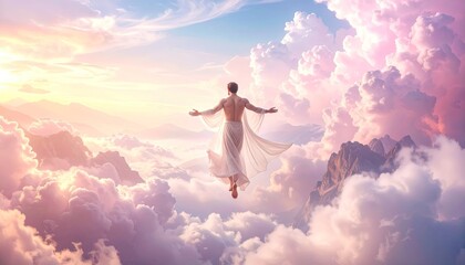 Figure Drifting Amongst Pastel Clouds and Mountains with Soft Lighting in a Dreamlike Scene