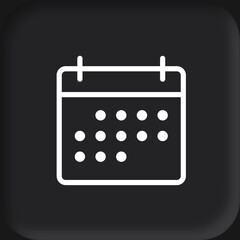 Simple white calendar icon, illustrating dates, appointments, and scheduling on a black background.