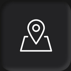 A minimalist white line icon of a location pin on a stylized map, set against a dark background.