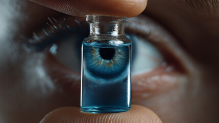 Close-up of a human eye and a small vial with a blue liquid showing a detailed iris.