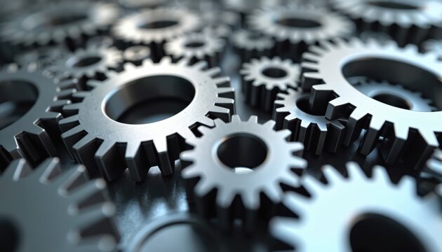 Close-up of shiny metal gears interlocking in complex pattern. Precision engineering design highlights intricate mechanical details, industrial technology. Smooth surface, silver components show