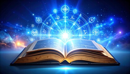 Glowing open book with mystical symbols and cosmic background