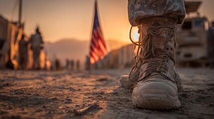 A soldier s unwavering duty standing firm against the horizon with the American flag in the backdrop showcasing