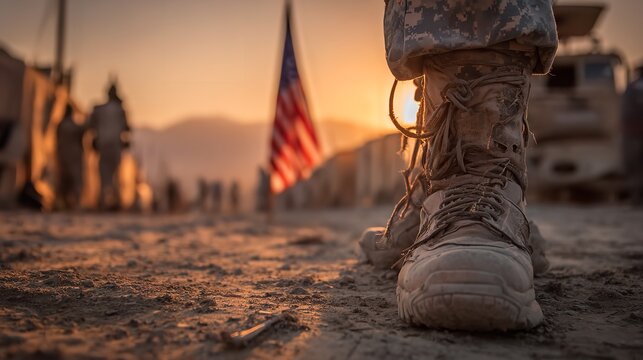 A soldier s unwavering duty standing firm against the horizon with the American flag in the backdrop showcasing