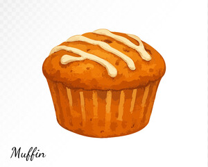 Delicious glazed muffin with icing drizzles on top, painted in warm cozy watercolor style with hand-drawn texture and tasty dessert details. Vector illustration.