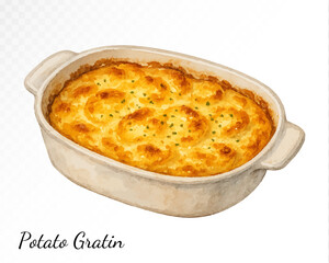 Watercolor potato gratin in a white baking dish, traditional creamy layered potato casserole with cheese, rustic holiday food. Vector illustration.