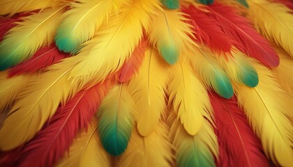 Obraz premium Bright yellow fluffy feathers, with a golden shine, in the sun (macro, top view, texture, holiday background).