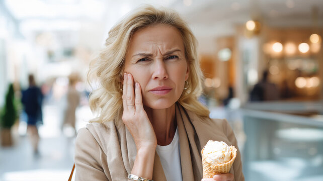 middle aged woman have toothache while eating ice cream at mall