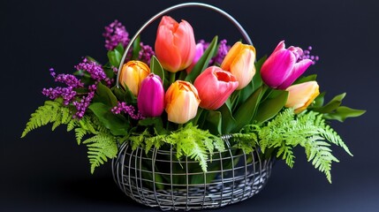 Obraz premium Spring floral composition of tulips and ferns in an open wire basket