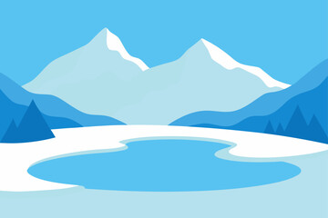 Stylized winter landscape with snow capped mountains and frozen lake