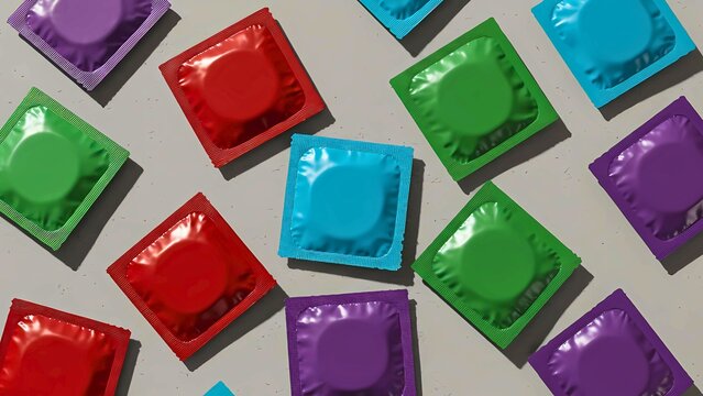 A vibrant assortment of colorful condoms in foil wrappers scattered on a plain background, representing safe sex and contraception.