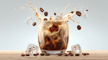 Iced coffee splash with ice cubes and coffee beans in glass