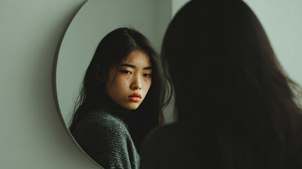 Emotional young woman with tears reflecting in mirror conveys sorrow, grief, and mental health challenges for impactful storytelling, poignant reflection
