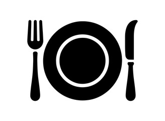 Simple black drawing of fork, plate and knife