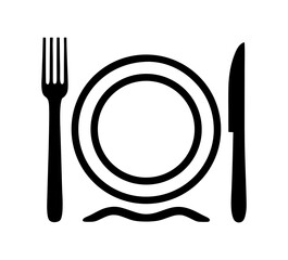 black and white illustration of fork, plate and knife