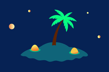 Stylized cartoon island with a palm tree at night