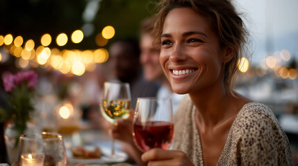 Happy friends toasting cocktails at a stylish outdoor bar balcony during golden hour, surrounded by modern furniture, city views, and warm festive lighting,sunset rooftop gathering, outdoor pub lifest