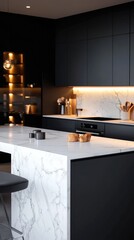 Modern, dark kitchen with white marble island