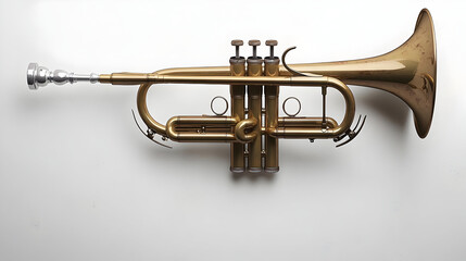 Obraz premium Brass trumpet, gold colored, angled view, on white background. Detailed view of valves and bell