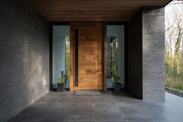 Modern front entrance featuring a large wooden door framed by sleek stone walls and minimalistic plants in a serene, wooded setting during daylight
