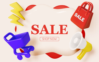 3D Colorful Sale Banner with Shopping Cart, Bag, Lightning, and Megaphone Icons