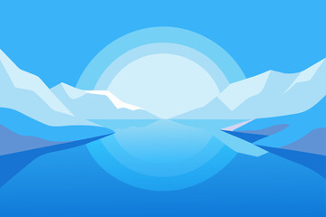 Minimalist abstract landscape with mountains and a sun over water