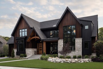 A contemporary home design showcases beautiful wooden accents and expansive windows, perfectly nestled in a serene suburban neighborhood as the sun rises
