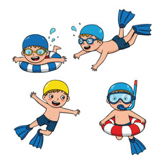 Swimming Fun Cartoon Boys Enjoying Water Activities