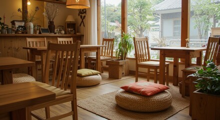 Fototapeta premium Cozy Japanese Cafe Interior: Wooden Furniture, Natural Light, Relaxing Ambiance.