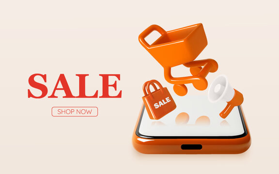Online Shopping Sale Banner with 3D Icons of Cart, Bag, and Megaphone on Mobile Phone