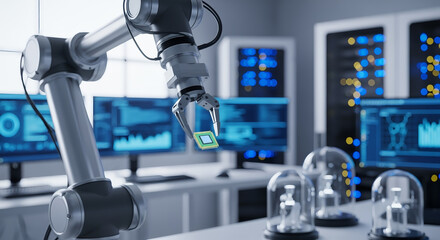 Robotic Arm Manipulating Microchip in High-Tech Lab