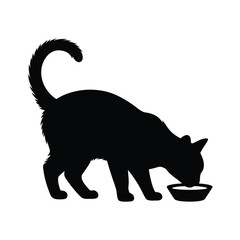 Black cat silhouette drinking from a bowl