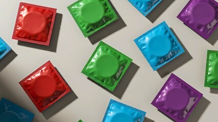 A vibrant flat lay of multi-colored contraceptive packages representing sexual health, safety, and protection.