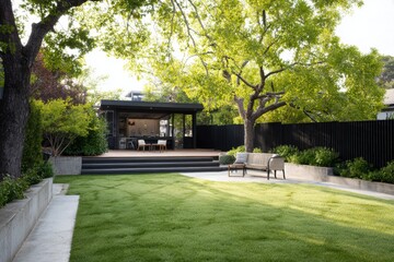 Obraz premium Experience a stunning modern backyard oasis that showcases a vibrant, lush green lawn, beautifully complemented by sleek contemporary design elements.