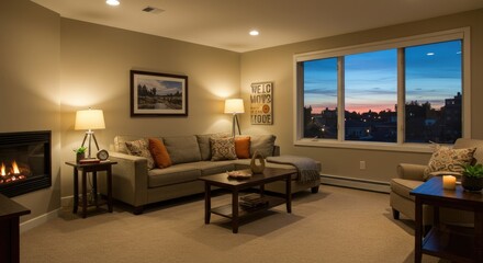 Cozy Living Room at Dusk: Fireplace, Comfortable Sofa, and Cityscape View