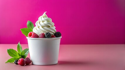 Frozen Yogurt Cup with Fresh Berries and Mint on Pink Background