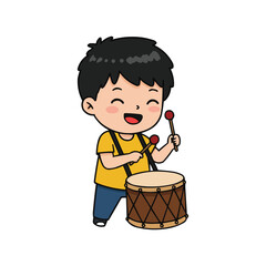 Boy playing a drum with drumsticks, musical performance, cartoon style illustration
