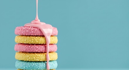 Close-Up of Stacked Pastel Sugar Cookies with Dripping Pink Icing on Soft Blue Background