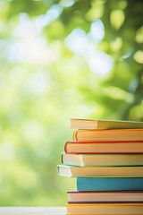 Stack of books on wooden table with blurry nature background generated.AI