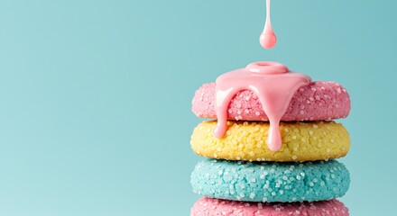 Close-Up of Stacked Pastel Sugar Cookies with Dripping Pink Icing on Soft Blue Background