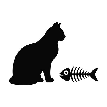 Black cat silhouette sitting next to a fish skeleton