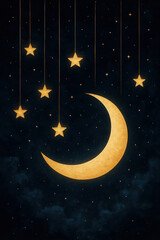 Naklejka premium Golden moon and stars night sky crescent moon hanging stars