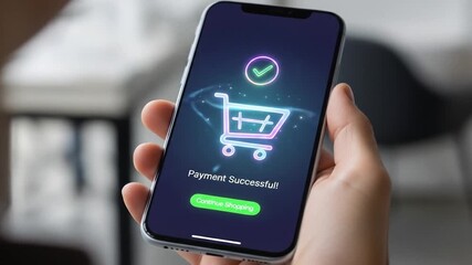 Successful Online Payment on Smartphone with Glowing Shopping Cart Confirmation, convenient mobile - Powered by Adobe